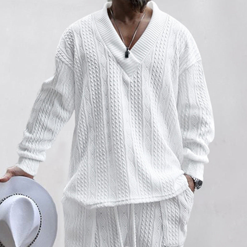 Herren lässiger Strickpullover mit V-Ausschnitt und Kabelmuster R&B