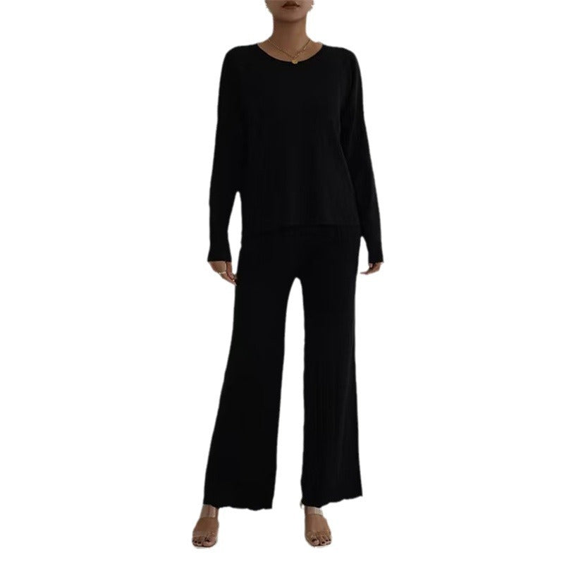 Damen lässiges und elegantes Strick-Loungewear-Set mit weitem Bein und feinen Rippenstrukturen R&B