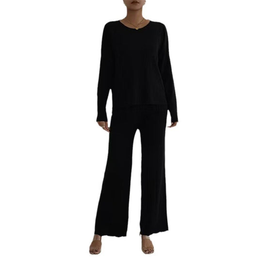 Damen lässiges und elegantes Strick-Loungewear-Set mit weitem Bein und feinen Rippenstrukturen R&B