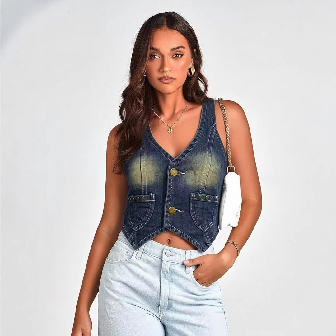 Damen Denim Bustier-Jacke mit Knopfdetails und aufgesetzten Taschen R&B