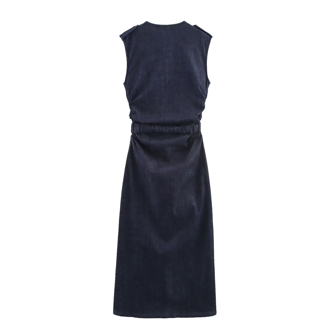 Damen Jeanskleid mit Wickelgürtel und eleganten Druckknöpfen R&B
