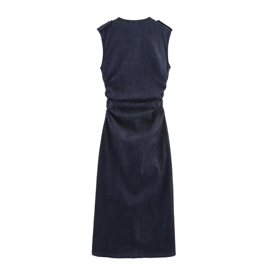 Damen Jeanskleid mit Wickelgürtel und eleganten Druckknöpfen R&B