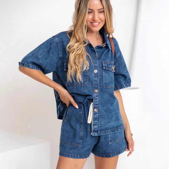 Damen Denim-Hemd und Shorts-Set im modischen Stil R&B