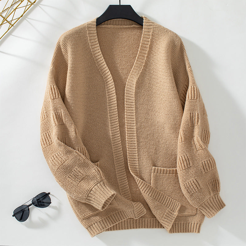 Damen weit geschnittene Strickjacke mit Taschen und strukturiertem Ärmel