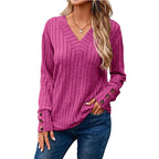 Damen V-Ausschnitt Pullover mit dekorativem Streifenmuster und Knopfdetails R&B