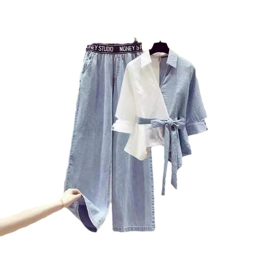 Damen Zweiteiliges Set mit lockerem, gestreiften Oberteil und weiter Jeans-Hose R&B