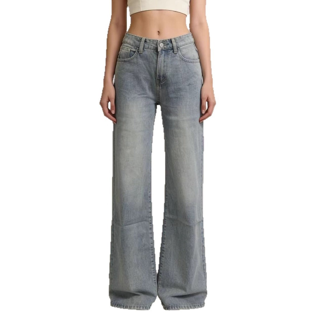 Damen weite Denim-Hose mit Vintage-Waschung und hoch geschnittenem Bund R&B
