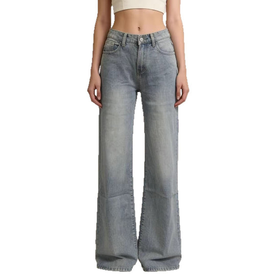 Damen weite Denim-Hose mit Vintage-Waschung und hoch geschnittenem Bund R&B