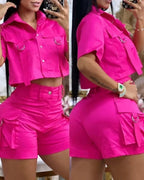 Damen modisches Crop-Top mit High-Waist Shorts R&B