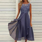 Damen nan ärmelloses Chiffon-Midikleid mit bestickter Illusionsspitze, Schiff-Ausschnitt und mehrlagigem Schwingrock R&B