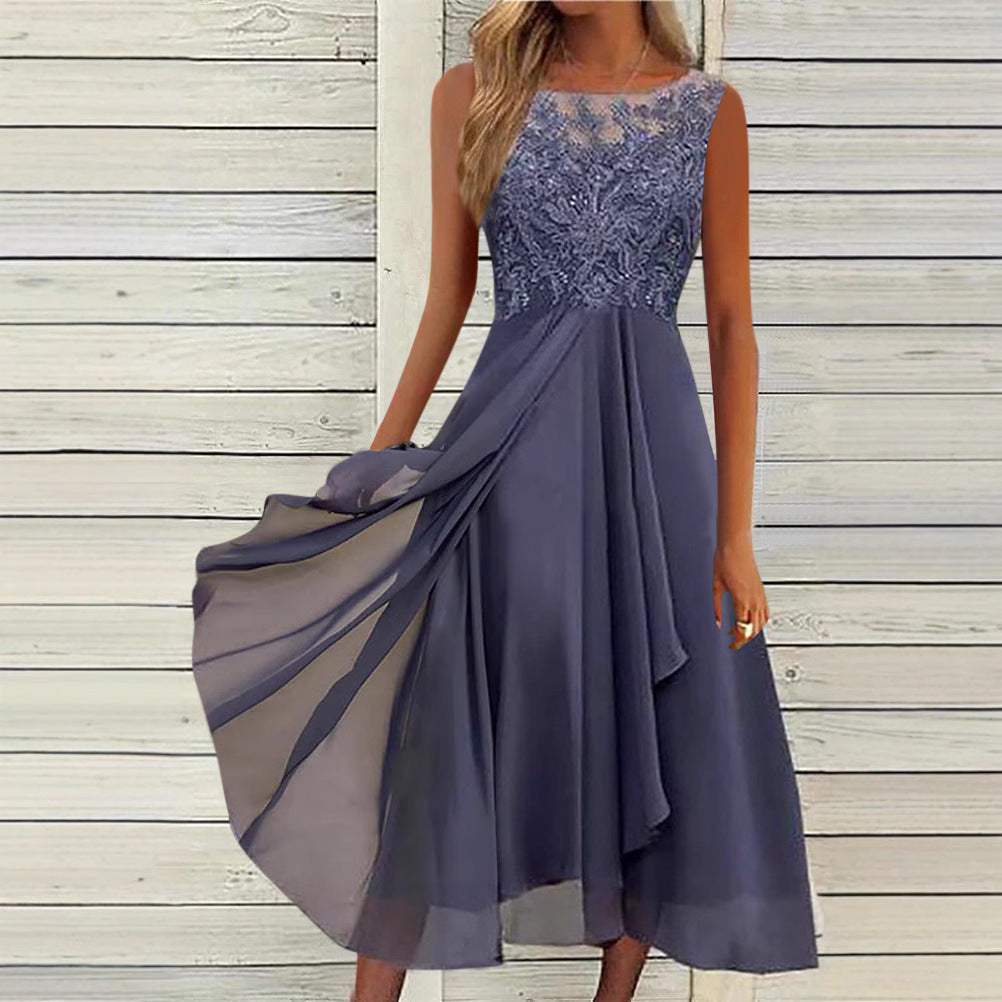 Damen nan ärmelloses Chiffon-Midikleid mit bestickter Illusionsspitze, Schiff-Ausschnitt und mehrlagigem Schwingrock R&B