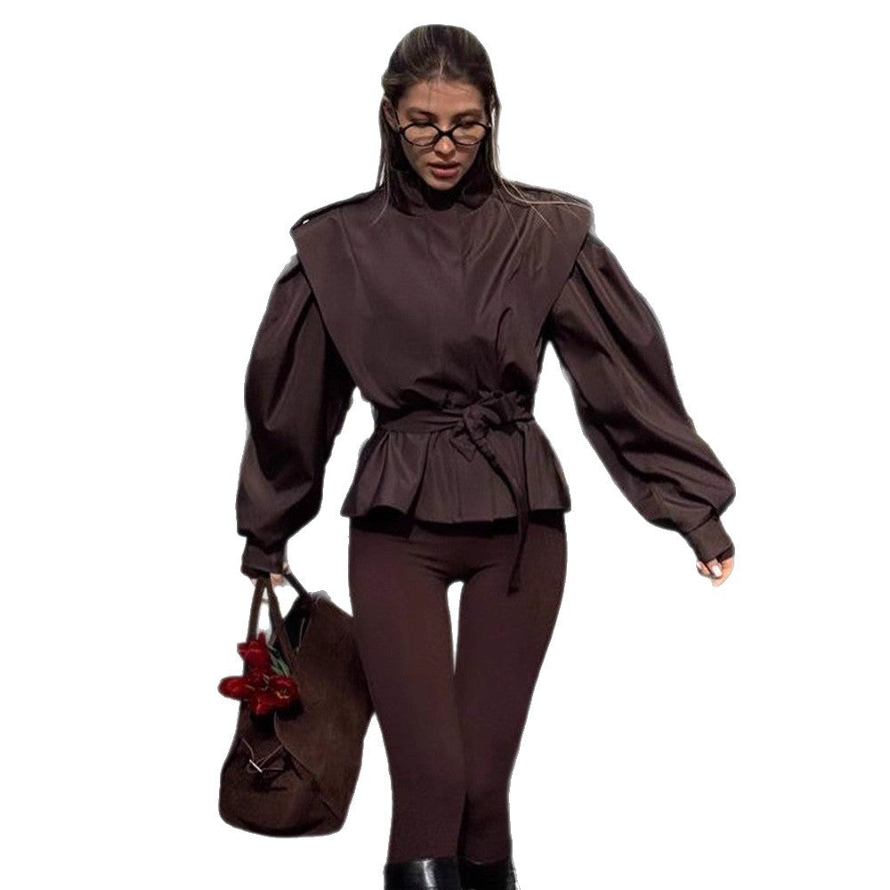 Damen Bluse mit hohen Kragen und elastischem Taillengürtel R&B