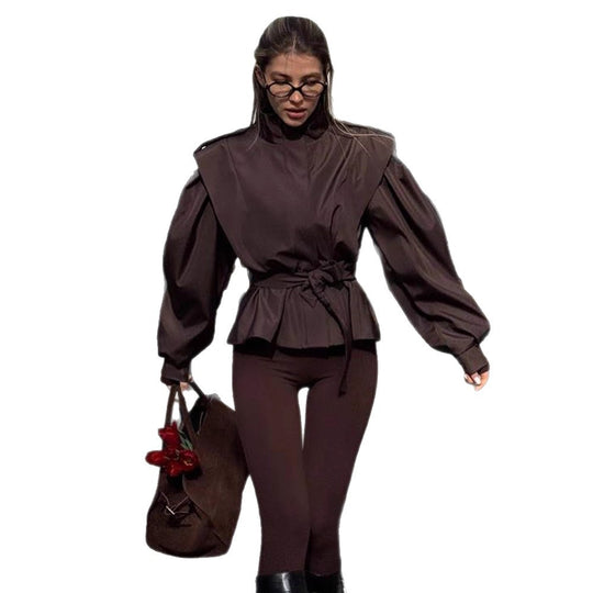 Damen Bluse mit hohen Kragen und elastischem Taillengürtel R&B