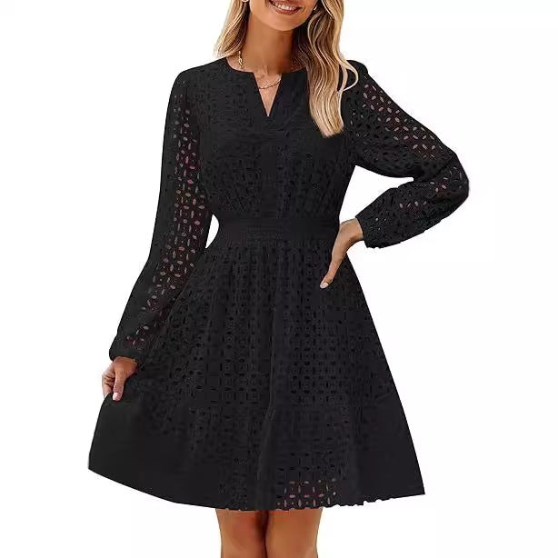 Damen luftiges Blusenkleid mit dekorativem Lochmuster und kräftigen Ärmel R&B