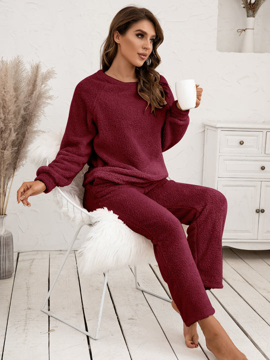 Damen Kuscheliges Fleece-Pyjama-Set mit langen Ärmeln und bequemen Hosen R&B
