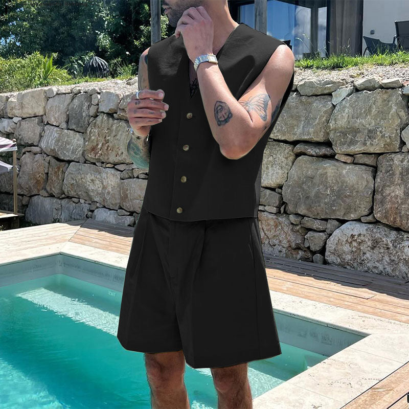 Damen nan elegantes maßgeschneidertes Ensemble mit taillierter Weste und hochtaillierten Shorts R&B