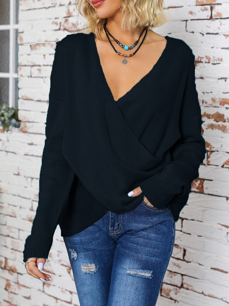 Damen Wickelpullover mit tiefem V-Ausschnitt und lässigem Schnitt R&B