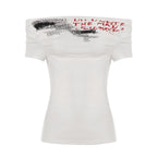 Damen Off-Shoulder T-Shirt mit künstlerischem Druck und figurbetontem Schnitt R&B