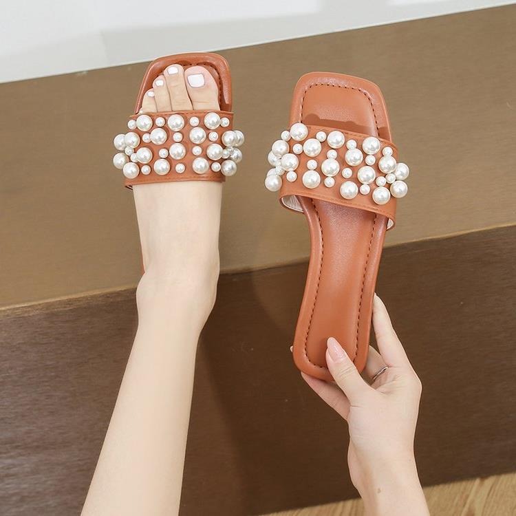 Damen Elegante Slides mit perlenverzierter Riemenstruktur R&B