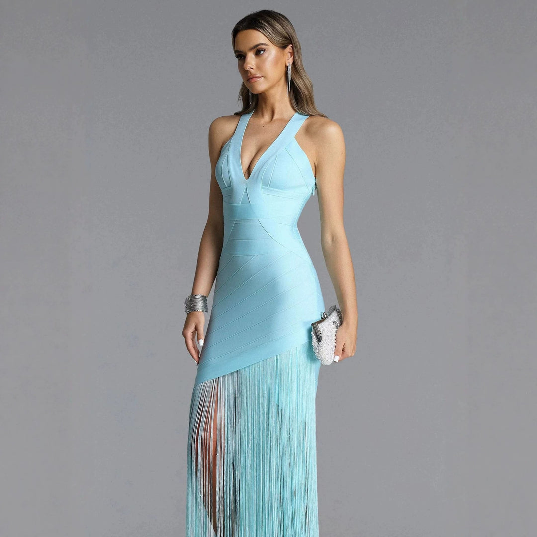 Damen Elegantes Minikleid mit raffinierten Fransen und tiefem V-Ausschnitt R&B