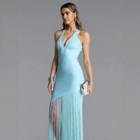 Damen Elegantes Minikleid mit raffinierten Fransen und tiefem V-Ausschnitt R&B