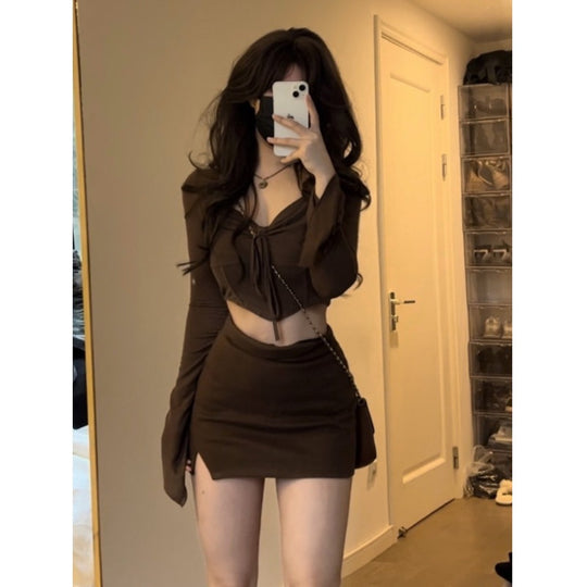 Damen Crop-Top mit dekorativem Bindegürtel und weitem Arm R&B