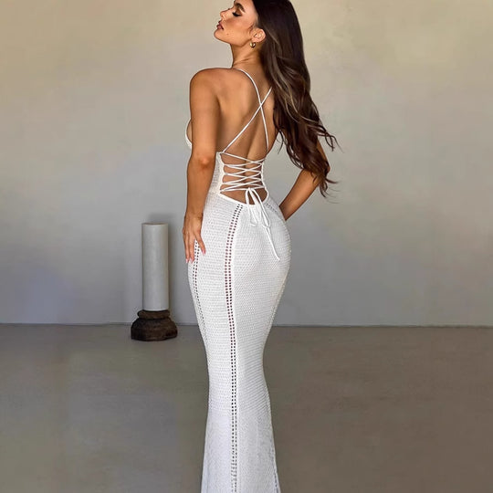 Damen Elegantes Maxikleid mit raffiniertem Rippendesign und tiefem V-Ausschnitt R&B