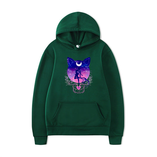 Damen Kapuzenpullover mit künstlerischem Katzenmotiv und bequemer Passform R&B