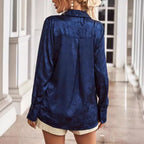 Damen edle Longbluse aus glänzendem Satin mit floralem Muster R&B