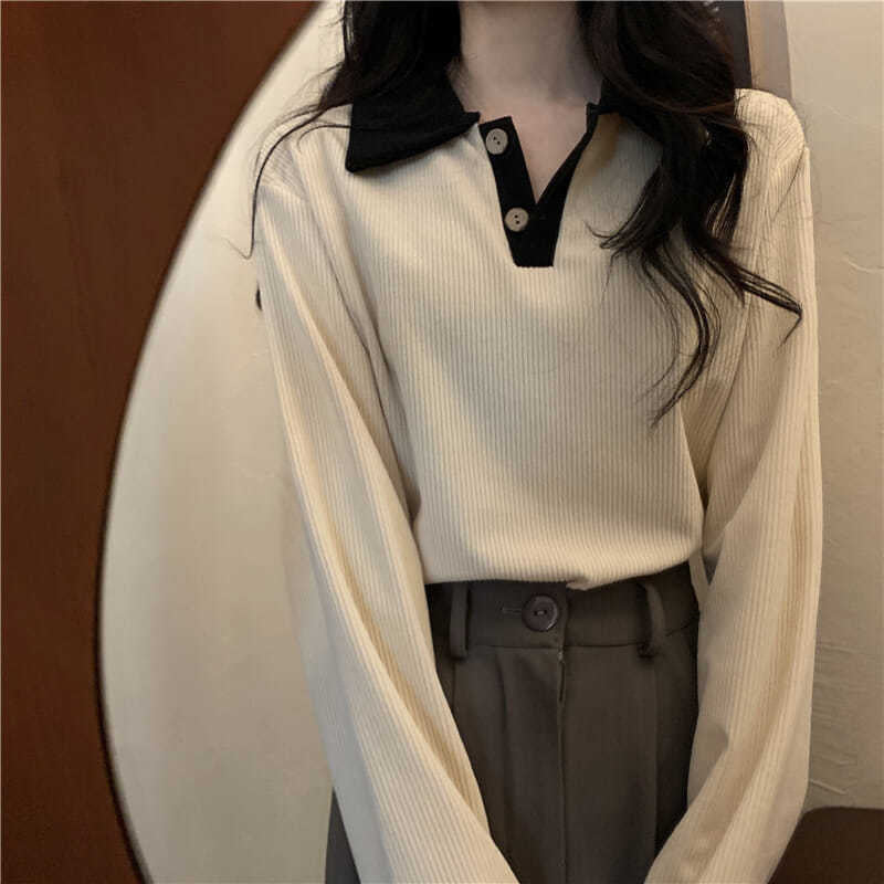 Damen Langarmshirt mit strukturierter Rippoptik und klassischem Polokragen