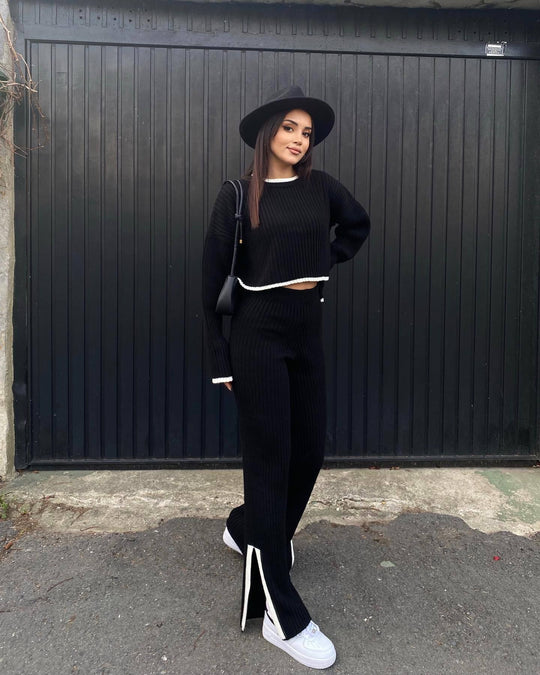 Damen Legere Strick-Set mit hohem Bund und schickem Schlitz R&B