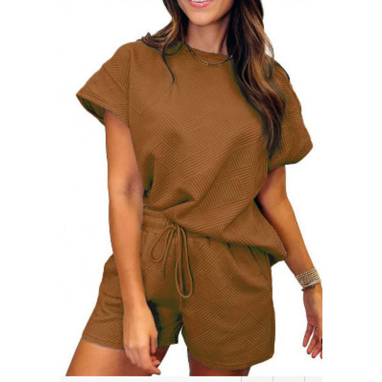 Damen gemütliches Freizeit-Set mit strukturiertem Oberteil und Shorts R&B