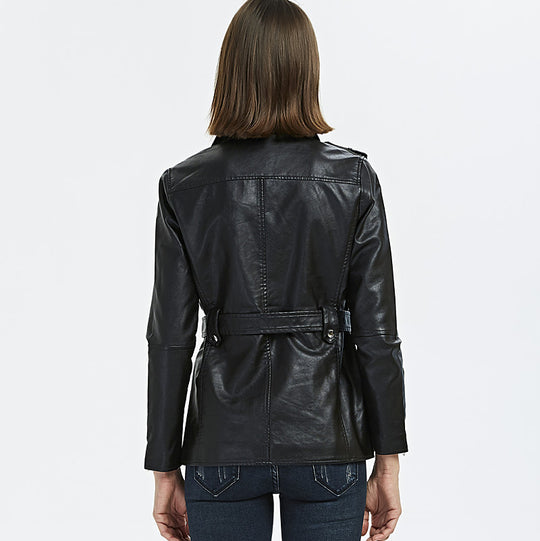 Damen zeitlose Bikerjacke aus Kunstleder mit Gürtel und Reißverschlussdetails R&B
