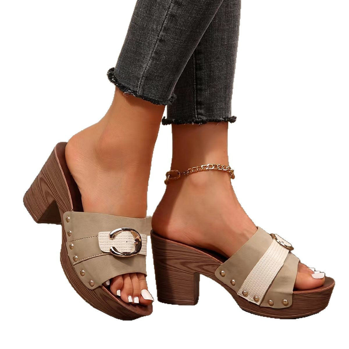 Damen Plattform-Sandaletten mit dekorativem Metallic-Detail und komfortablem Blockabsatz R&B
