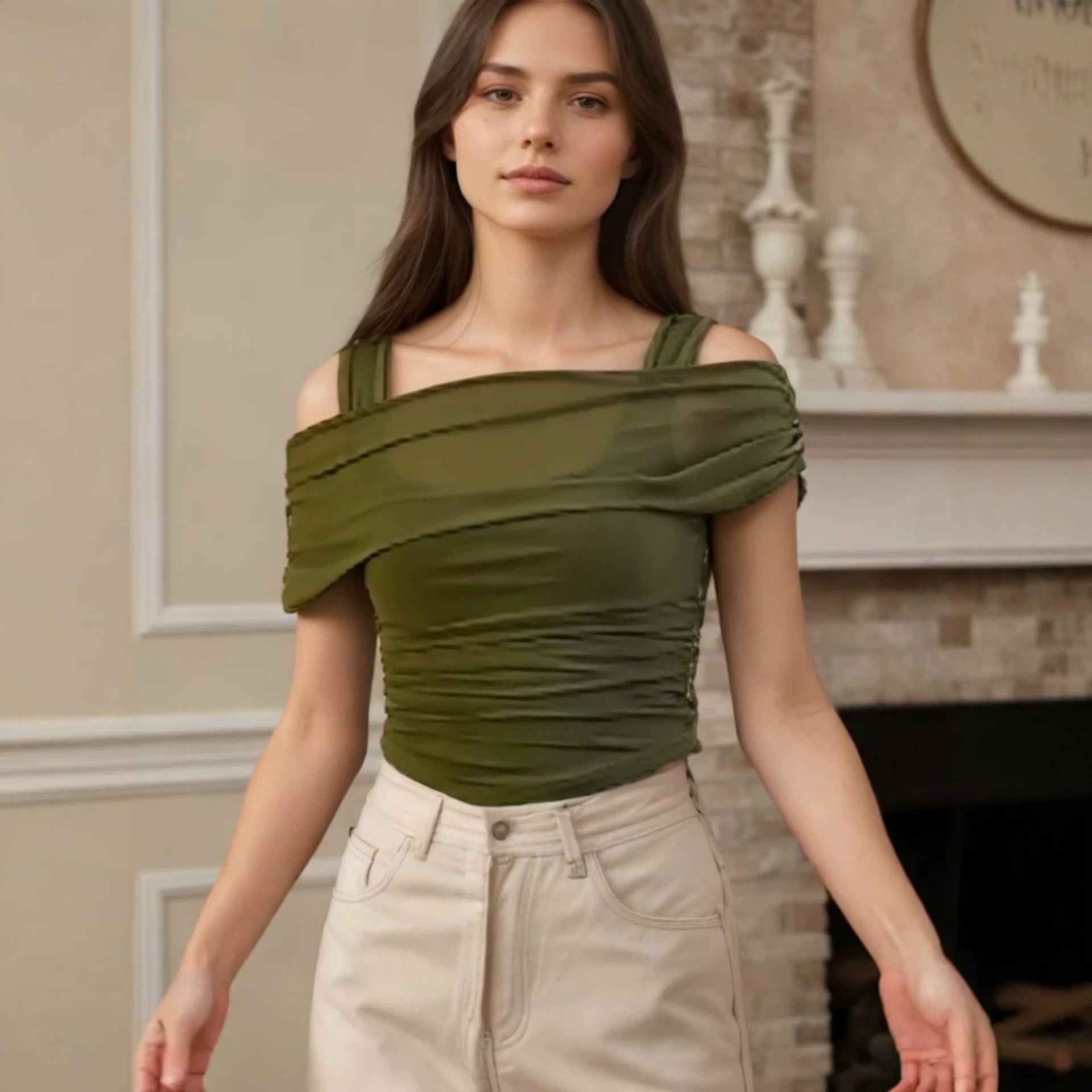 Damen Off-Shoulder Oberteil mit Raffung R&B