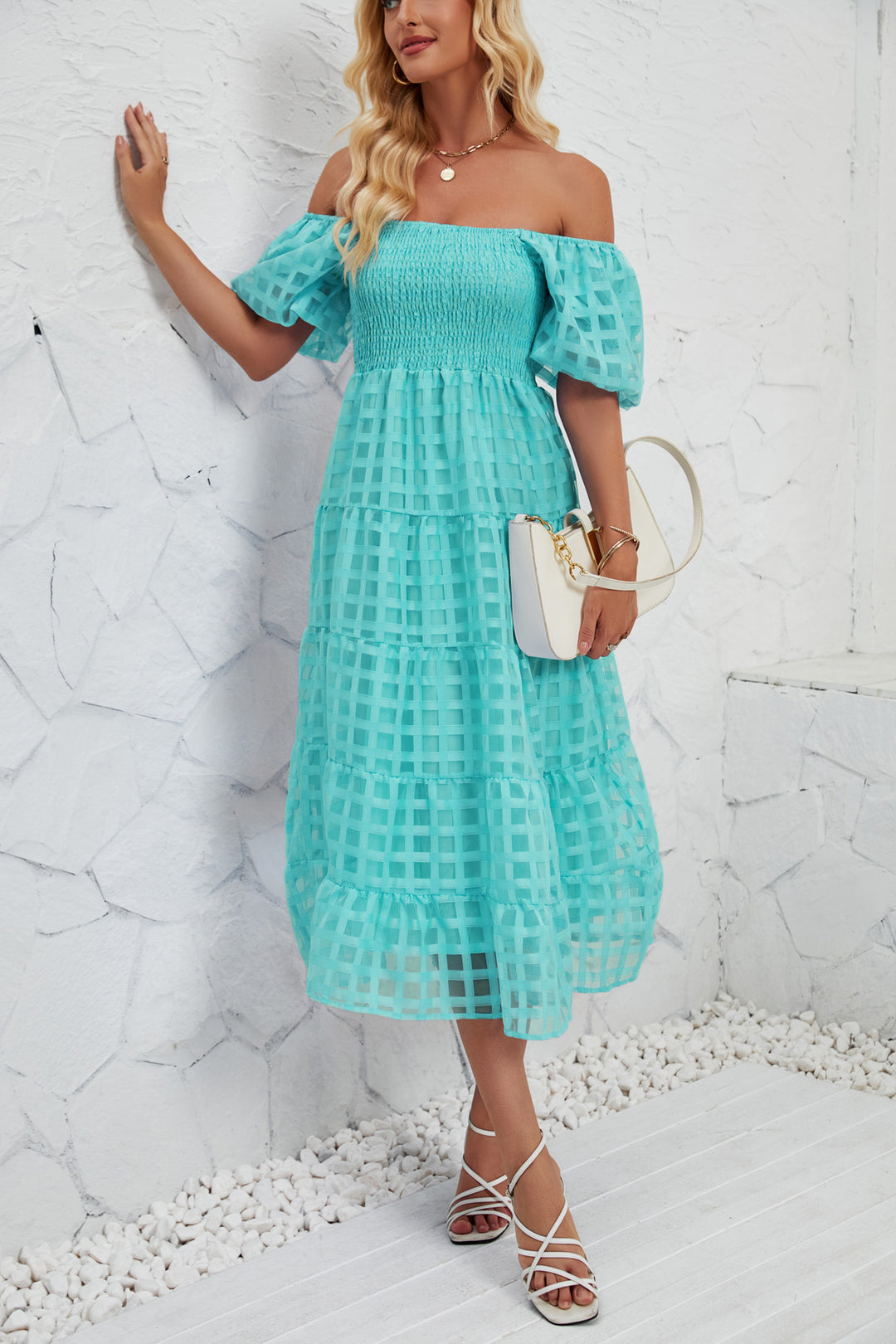 Damen Midikleid mit Off-Shoulder-Design und luftigen Puffärmeln R&B