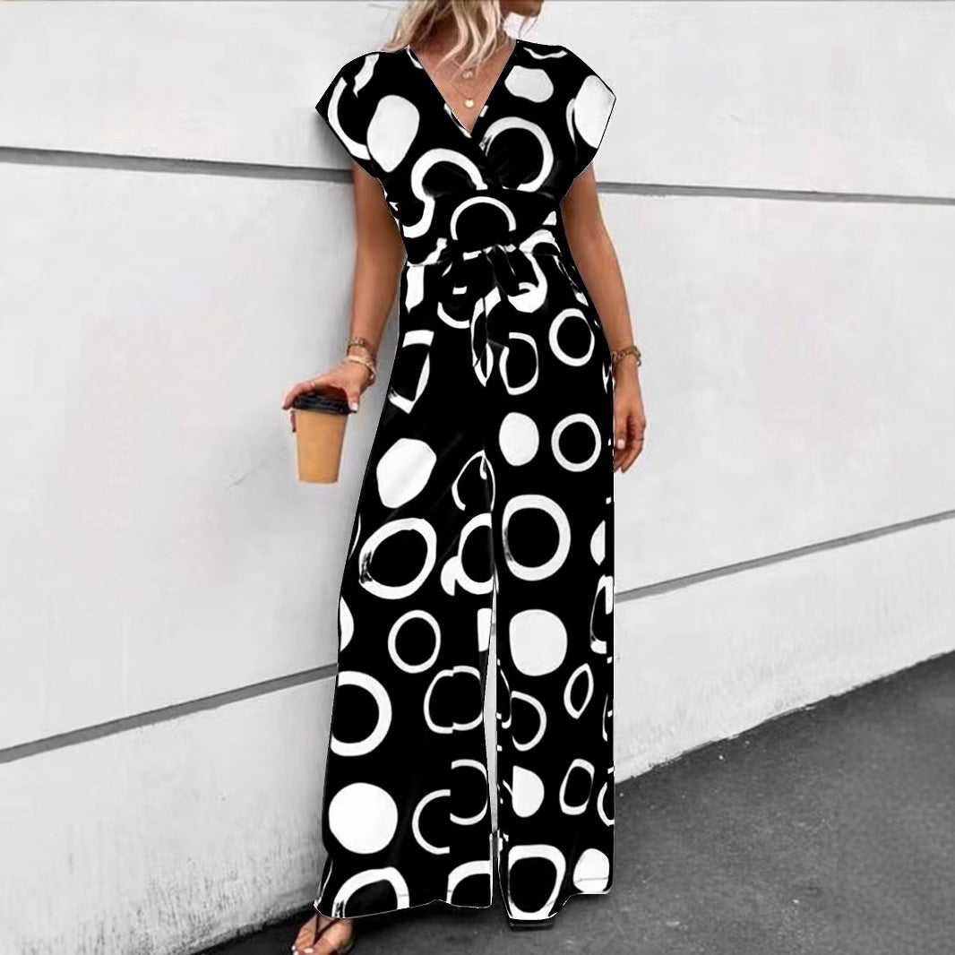 Damen Jumpsuit mit modernem Kreismuster und Taillengürtel R&B