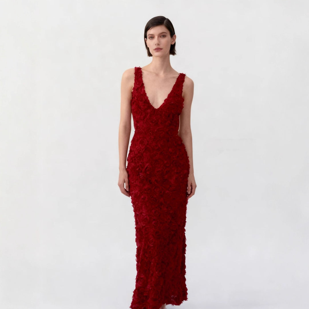 Damen Maxikleid mit opulentem Blumendesign und tiefem V-Ausschnitt R&B