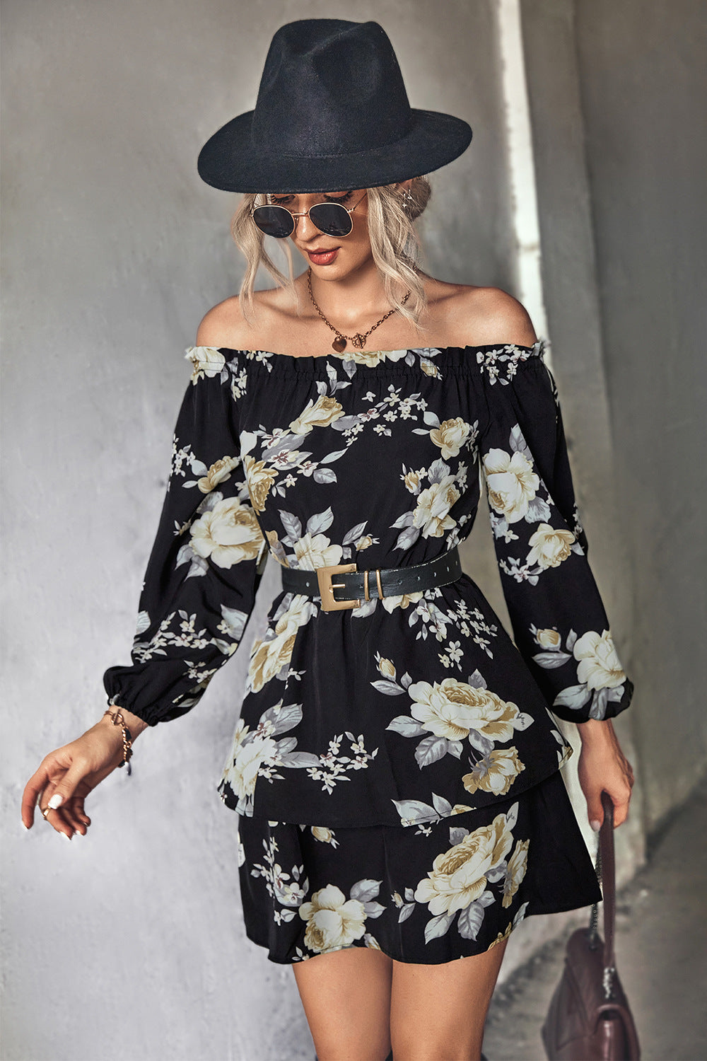 Damen Off-Shoulder Minikleid mit floralem Druck und Rüschensaum R&B