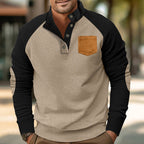 Herren nan strukturierter Halbknopf-Strickpullover im Cord-Look mit Raglanärmeln, aufgesetzter Brusttasche und Ellenbogenpatches R&B