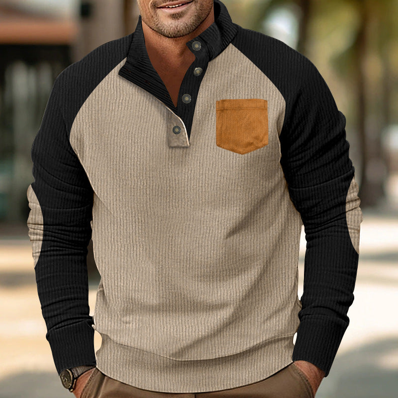 Herren nan strukturierter Halbknopf-Strickpullover im Cord-Look mit Raglanärmeln, aufgesetzter Brusttasche und Ellenbogenpatches R&B