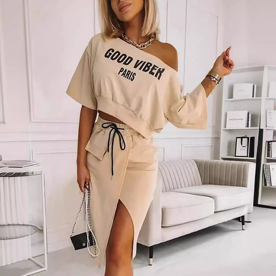 Damen lässiges Crop-Top und Rock Set mit seitlichem Schlitz R&B