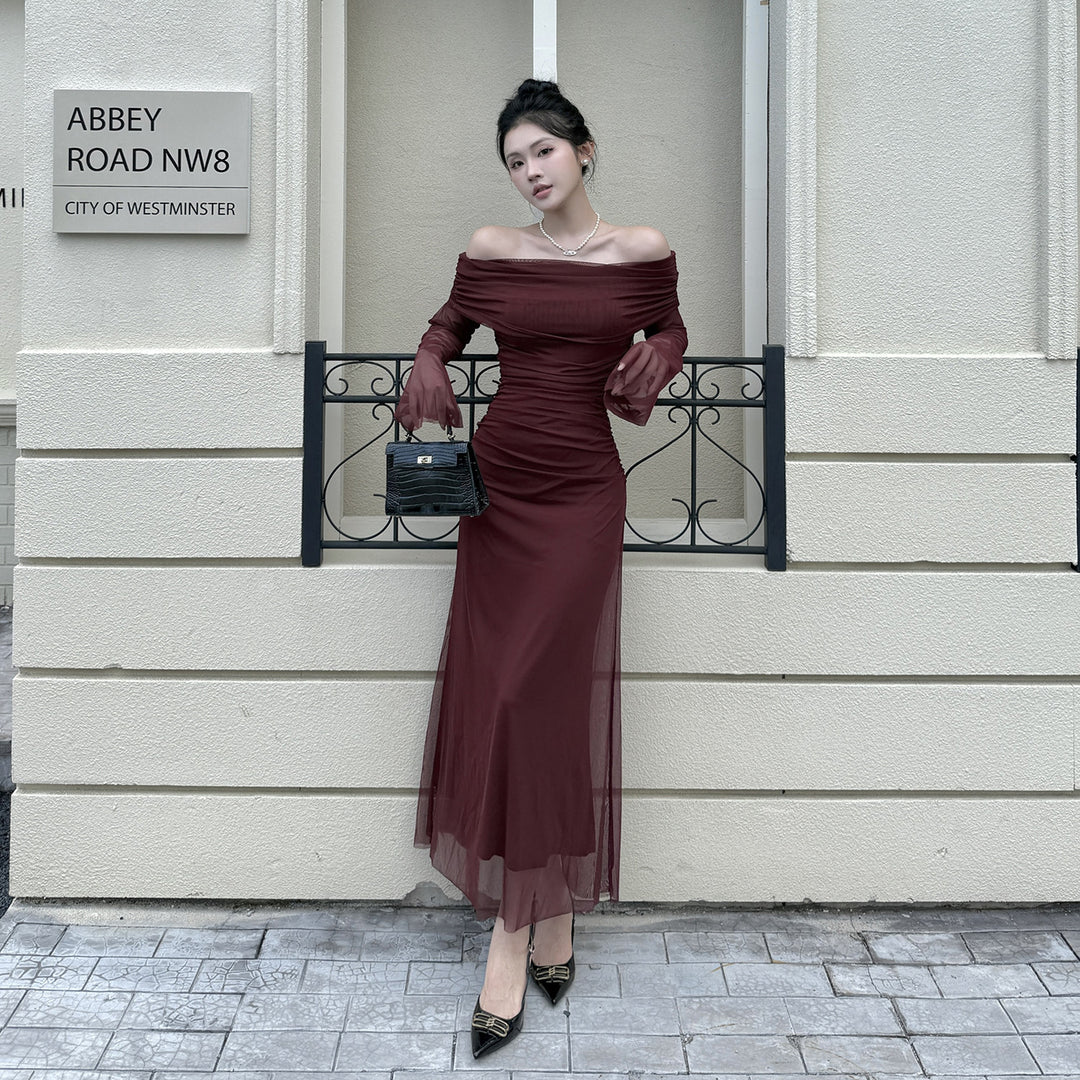 Damen Off-Shoulder Abendkleid mit gerafftem Design und langen Ärmeln R&B