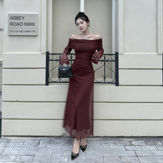 Damen Off-Shoulder Abendkleid mit gerafftem Design und langen Ärmeln R&B
