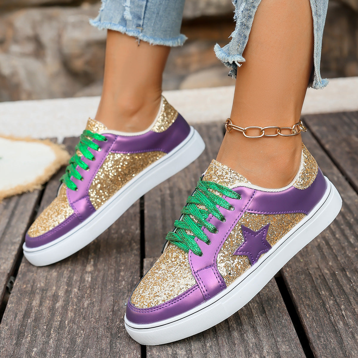Damen Glitzernde Sneaker mit bunten Schnürsenkeln und weicher Sohle R&B