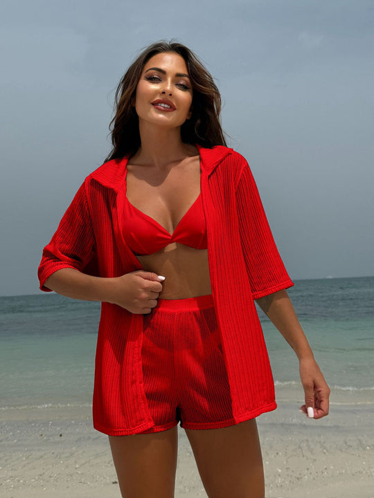 Damen lässiges Strand-Outfit mit offener Robe und Shorts R&B