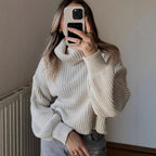 Damen Strickpullover mit hohem Kragen und voluminösen Ärmeln R&B
