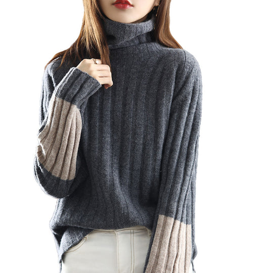 Damen Grob gestrickter Rollkragenpullover mit modischem Streifenmuster R&B
