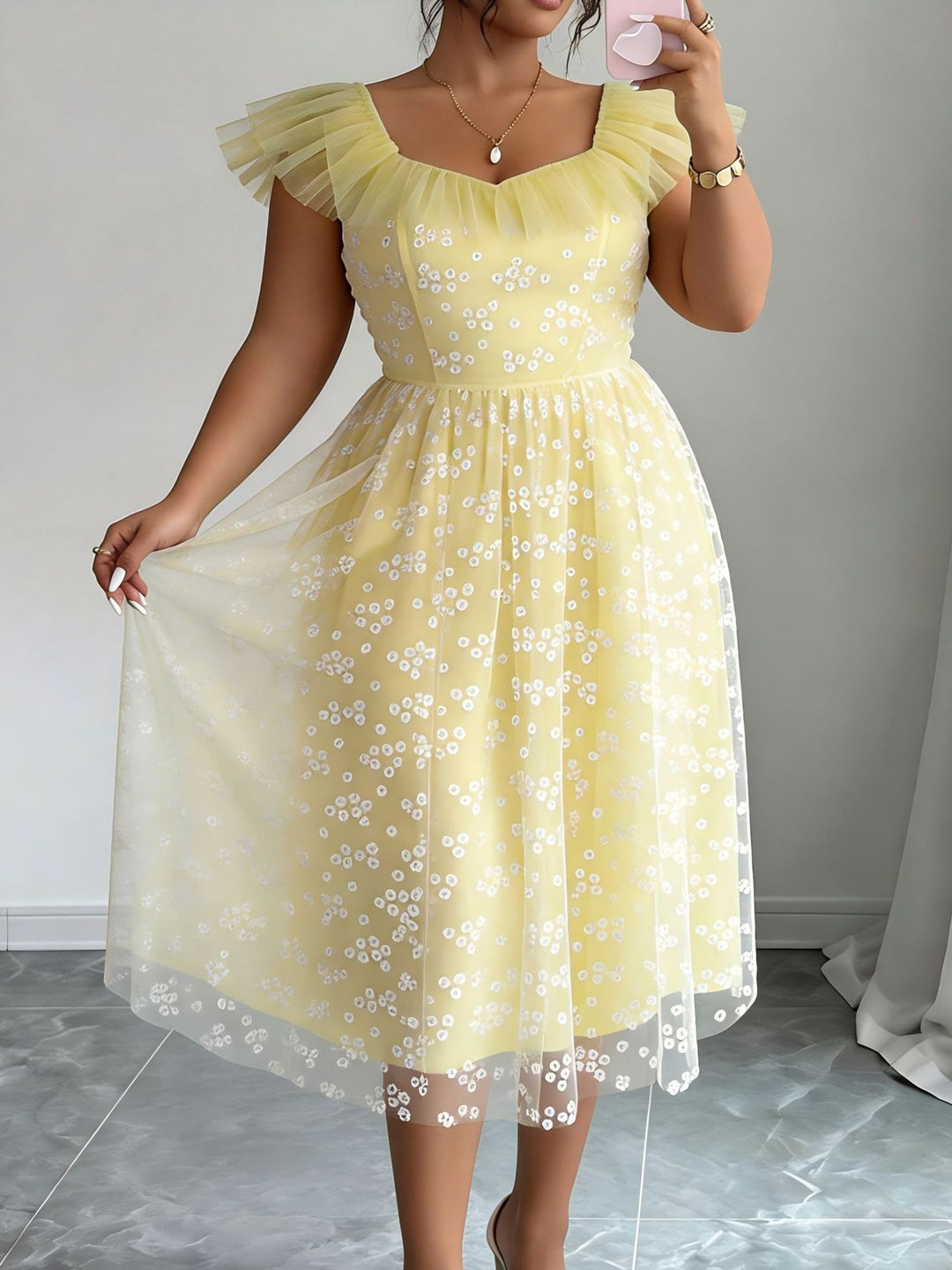 Damen festliches Blütenkleid mit voluminösen Tüllärmeln R&B