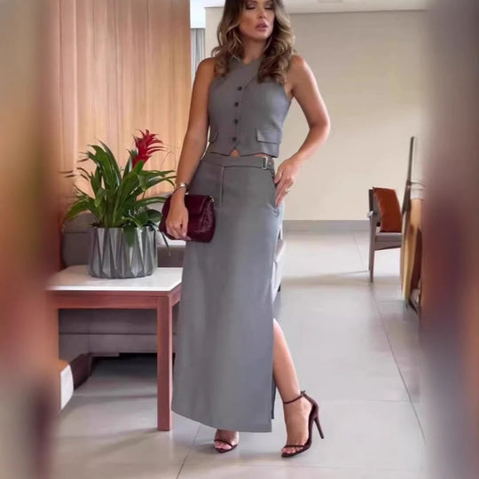 Damen nan elegantes Leinenmix-Zweiteiler-Set mit tailliertem Haltertop, Knopfdetail und hochgeschnittenem Maxirock R&B
